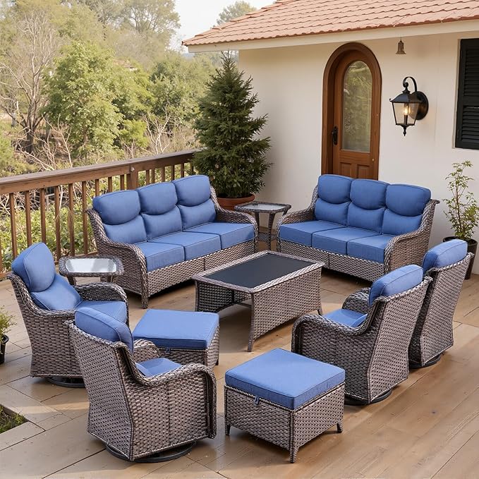 Belord Luxury 6" Thick Cushioned 11 Pieces Patio Furniture Set with Outdoor Couch, Wicker Outdoor Conversation Set with High Back Swivel Rocker Chairs for Deck Porch Yard and Poolside - Brown+Blue