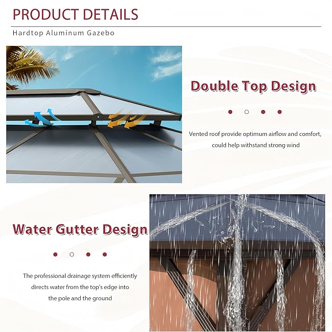 12’x20’ Hardtop Gazebo with Double Polycarbonate Roof Outdoor Metal Gazebo Sturdy Aluminum Frame & Removable Curtains, Netting Permanent Pavilion Pergola for Garden,Patio,Lawn (Brown)