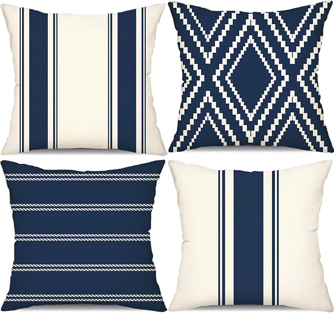 DFXSZ Outdoor Navy Blue Waterproof Geometry Pillow Covers 18x18 Set of 4 | Spring Summer Waterproof Modern Throw Pillowcases（No Inserts） Outdoor Decor for Patio Funiture Garden Polyester Covers