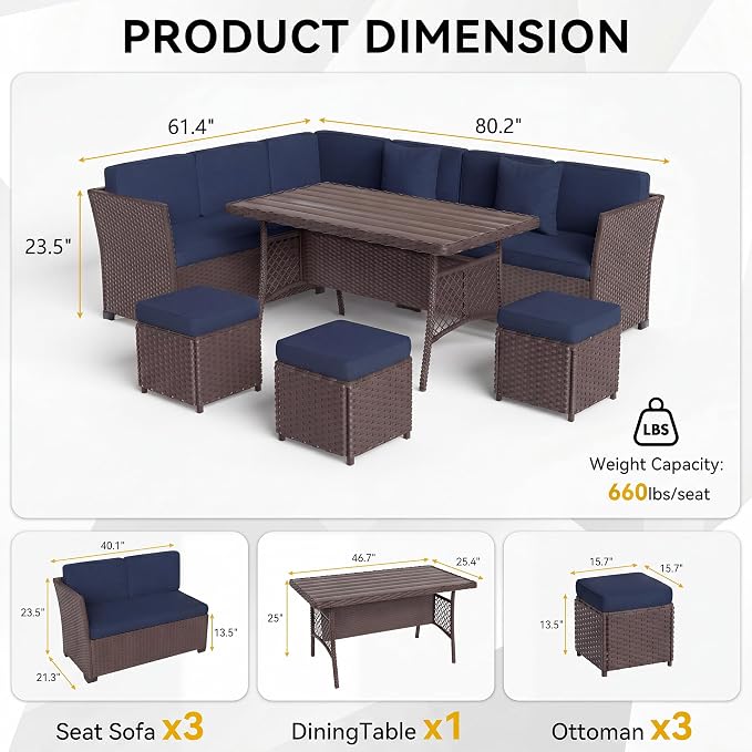 Patio Furniture Set, 7 Pieces Outdoor Dining Sets, All Weather Rattan Conversation Set, Outdoor Dining Sectional Sofa with Large Dining Table, Ottoman (Brown-Navy, A-7 Pieces)