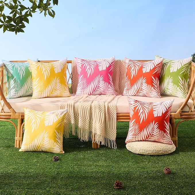 Allorry Outdoor Pillow Covers 20x20 Set of 2 Tropics Palm Leaves Yellow Floral Pattern Decoration Throw Pillow Covers for Outdoor Waterproof Furniture Garden Patio Sofa Bedroom Home Decor JB008-A20