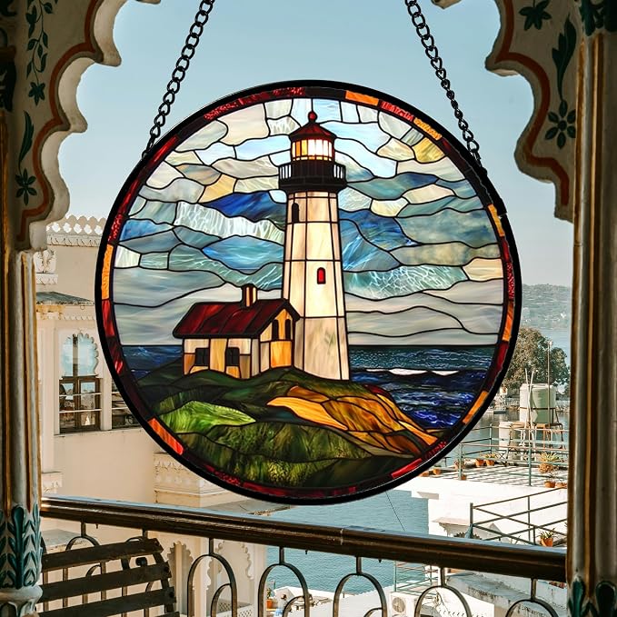DASTOLL Stained Glass Window Hanging, Ocean Lighthouse Sun Catchers Glass Panel Blue Green Suncatcher Decor for Birthday for Women, Men, Wife, Aunt, and Mom 7.8 in