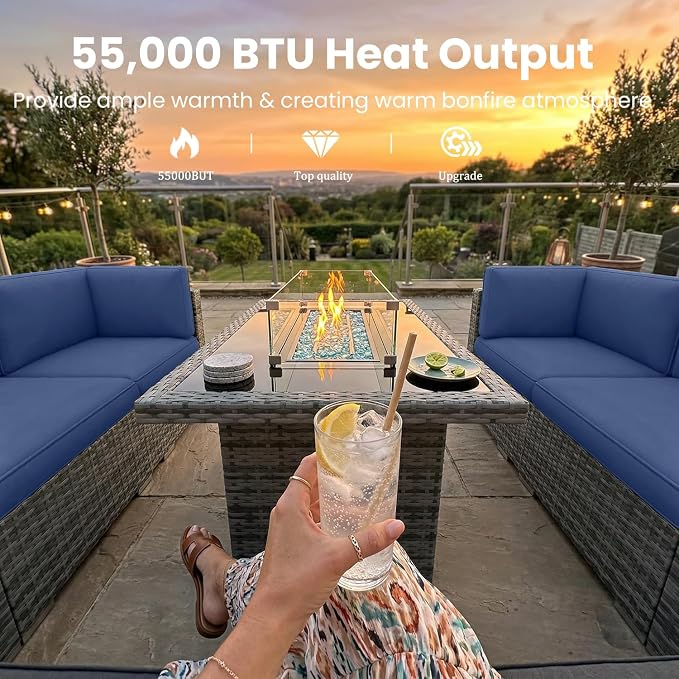 15 Pieces Patio Furniture Set with 44" Propane Gas Fire Pit Table, Outdoor Sectional Wicker Conversation Sofa Sets with Coffee Table