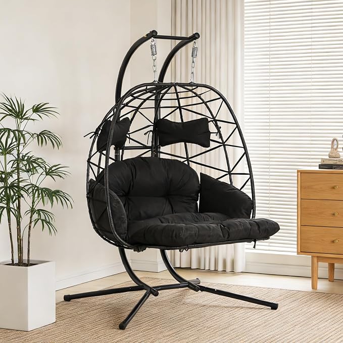 Double Egg Hammock Chair with Stand, Swing Egg Chair, Wicker Hanging Chair with Washable Cushion - Sturdy Metal Stand, 600lbs Capacity for Indoor Outdoor Patio Living Room Etc (Black+Black)