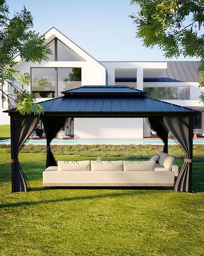 GarveeLife 12 ft x16 ft Hardtop Gazebo for All Weather, with Double Metal Roof, Aluminum Alloy Frame, Net, and Curtain, Permanent Building for Patio, Deck, Backyard, Lawn, and Garden, Gray