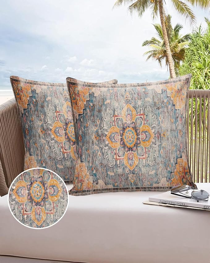 Prime Leader Outdoor Waterproof Pillow Covers Set of 2, Geometric Abstract Carpet Flowers Pattern Yellow Patio Throw Pillow Covers, Decorative Cushion Case for Couch Sofa Furniture Garden, 16x16 Inch