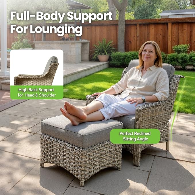 8 Piece Patio Furniture Set with Fire Pit Table, All Weather Wicker High Back Sofa Chairs Ottoman with Thick Cushion, Outdoor Conversation Sets for Large Backyard Deck Garden, Dark Gray