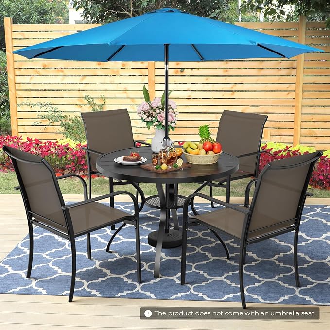 Incbruce 6 PCS Patio Dining Set with Sky Blue Umbrella, Outdoor Dining Set of 4 Textilene Chairs and 41" Round Table with Umbrella Hole for Backyard, Garden, and Poolside (Brown)
