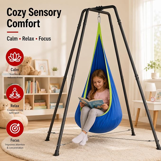 Sensory Pod Hammock with Stand, X-Shaped Anti-Tip Base, Kids Indoor Nest, Outdoor Hanging Chair, Heavy-Duty Steel Frame, Secure 330LBS Comfort, Adults Calm Relax, Family Rooms Gardens Backyards, Blue
