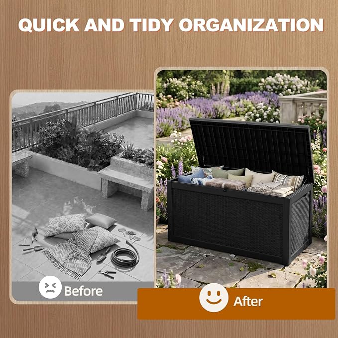 EFU Outdoor Storage Box 320 Gallon Deck Box (Indoor & Outdoor) Lockable UV Resistance Waterproof Resin Storage Bin Storage Box for Outdoor,Patio Storage With Support Rod(Black)