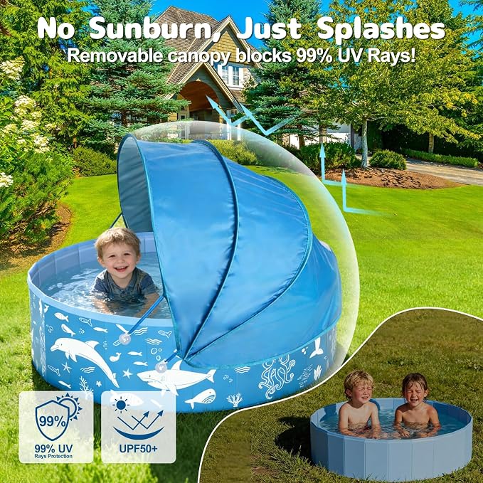 55” Extra Large Kiddie Pool with Canopy, EPN UPF 50+ Sun Shade Baby Pool, No Inflation Foldable Toddler Pool for Backyard Outdoor & Beach, Portable Thickened PVC BPA-Free Kids Water Play Pool, Blue