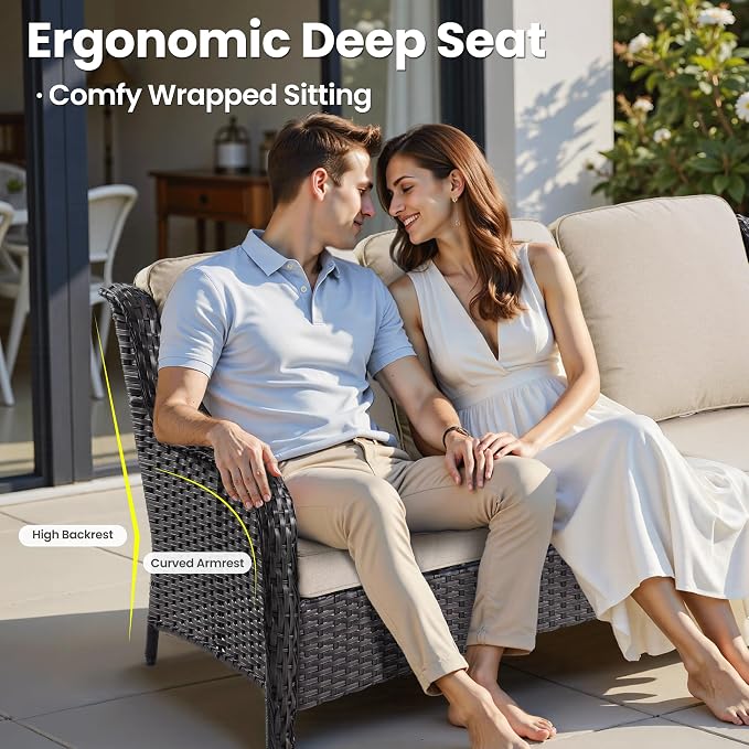 ovios 6-Pieces Patio Furniture Set with 42" Fire Pit Table, Outdoor Wicker Sofa Couch Ottomans Comfy Cushions, High Back Modern Conversation Set, Brown Rattan, Beige