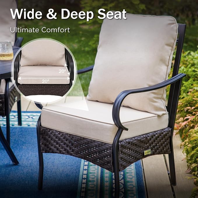 PHI VILLA 6 PCS Outdoor Dining Sets, All-Weather Round Patio Table and Chairs Set for 4 with Umbrella, Heavy Duty Patio Table Set for Deck, 4 Large Outdoor Metal Wicker Dining Chairs with Cushions