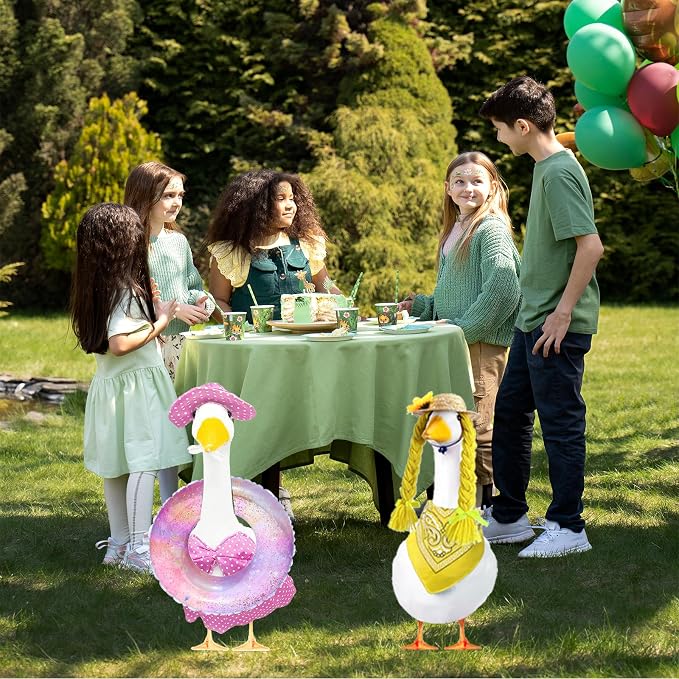 Porch Goose Summer Outfit for Cement or Plastic Goose 23'' Lawn Patio Statue, Bikini Goose Clothes, Hawaiian Outfit with Hat Sunglasses & Swimming Ring for Outdoor Garden Yard Decor (Pink)