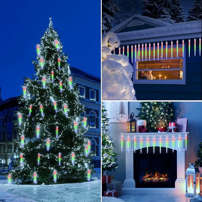 Brightown Christmas Icicle Lights Outdoor, 20Ft Meteor Shower Lights with 20 Large Tube 480 LED Dropping Effect, Waterproof Icicle Christmas Decorations for House Eave Roofline, Multicolor