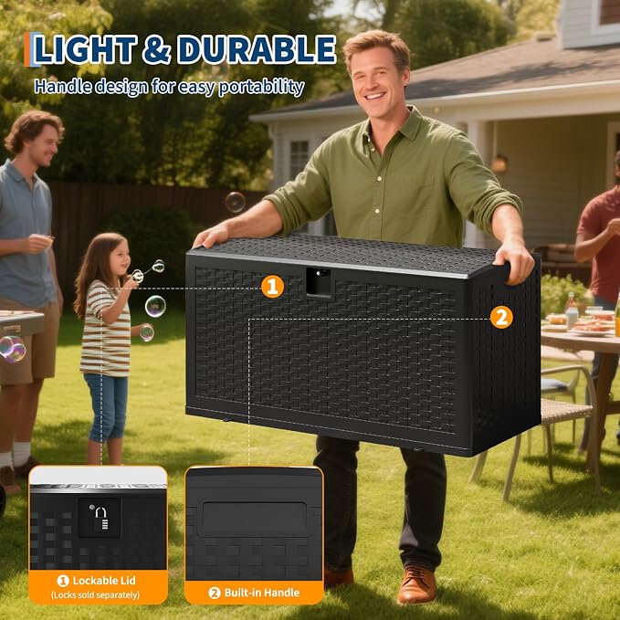 IDEALHOUSE Outdoor Storage Box, 73 gal Resin Deck Box Waterproof Lockable for Patio, Heavy-Duty Outdoor Storage Bench, Outside Container for Cushions Shoes Pool Garden Gear, Rattan-Style, Black