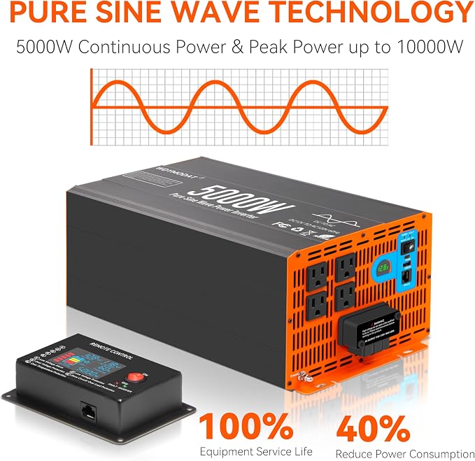 5000W Pure Sine Wave Inverter,12V DC to 120V AC Car Power Inverter 10000W Peak with 4 AC Outlets, 3.0A USB and Type-C, LCD Display 16.5 ft Remote Control for RV Truck Travel Solar Emergency