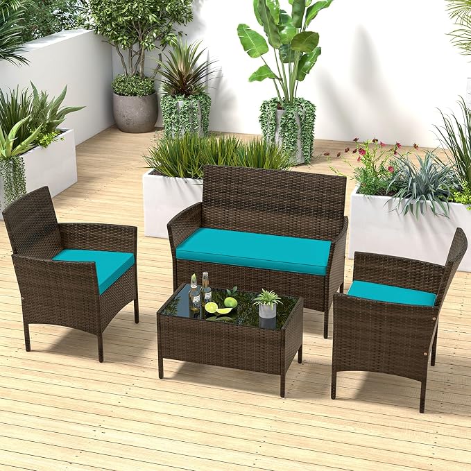 ORALNER 4 Pieces Patio Furniture Set, Rattan Chairs Loveseat with Soft Cushion and Glass Table, Outdoor Wicker Conversation Set for Balcony Garden Backyard Porch Poolside (Turquoise)