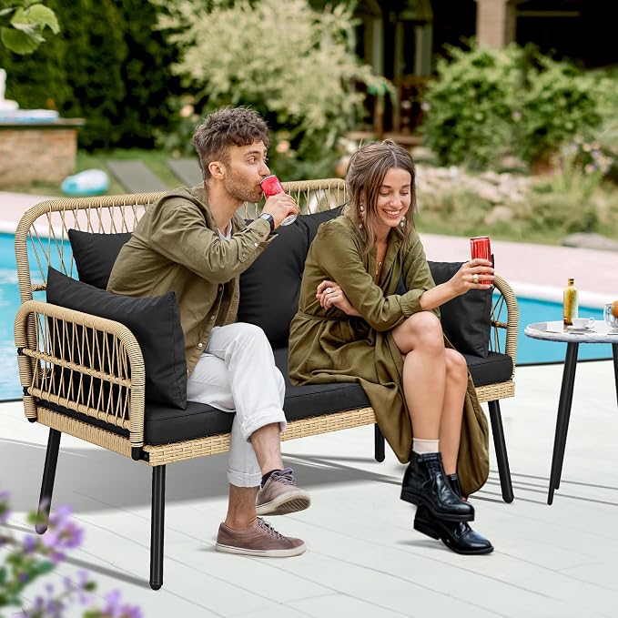 YITAHOME Patio Furniture Wicker Outdoor Loveseat, All-Weather Rattan Conversation for Backyard, Balcony and Deck with Soft Cushions (Light Brown+Black)