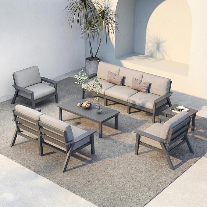 HDPE 7 Piece Patio Furniture Set, HDPE Outdoor Sectional with with Gray Thick Cushions, Coffee Table and Side Table, Patio Conversation Sets for Lawn, Garden, Porch (Gray Frame)