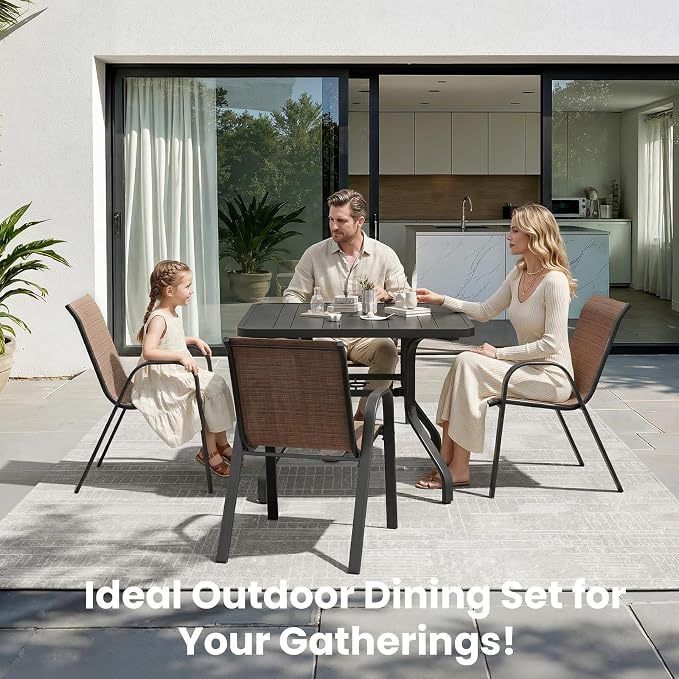 Soohow 5-Piece Outdoor Dining Set, Outdoor Patio Table and Chairs Set, 4 x Stackable Chairs & 1 x Outdoor Table with Umbrella Hole, All-Weather Patio Dining Sets for Poolside, Backyard and Porch