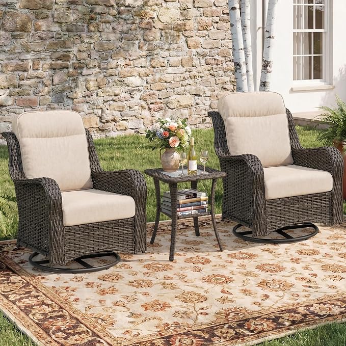 3-Piece Outdoor Swivel Chairs with Side Table, Glider Rocking Chair with 6" Thick Cushions, Weather-Resistant Wicker Patio Furniture Set, for Yard, Poolside, Patio, Porch, Deck