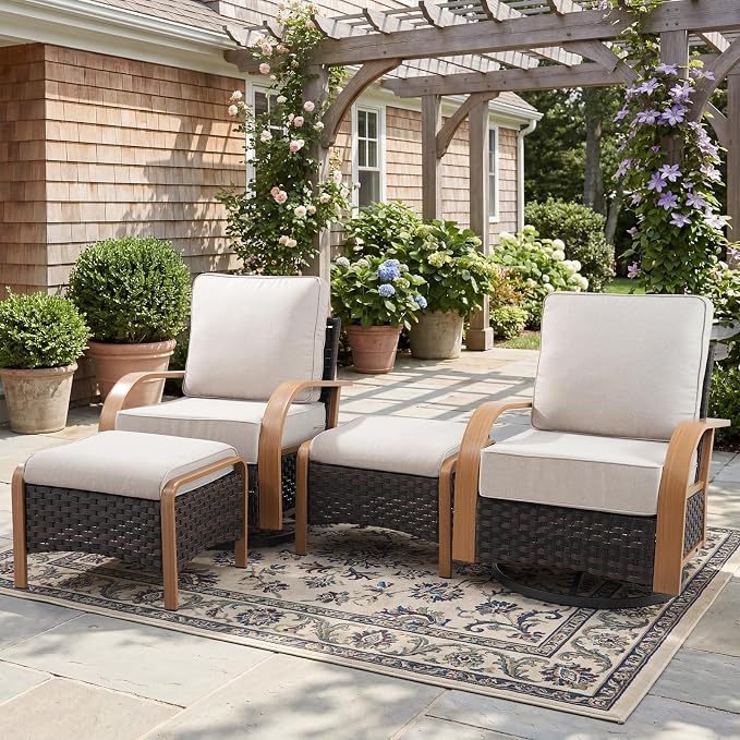 Belord 4 Piece Patio Furniture Set with 6-Inch Thick Cushions, Outdoor Swivel Chairs Set with Ottomans,Wicker Rocker Patio Chairs, All-Weather Wicker Conversation Set for Garden Porch, Wood & Beige
