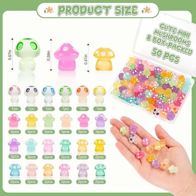 FEXIA 50pcs Mini Resin Mushrooms Little Mushroom Figures Tiny Figures Glow in the Dark for Aquariums Dollhouses Fairy Garden Mushroom Decor Landscape