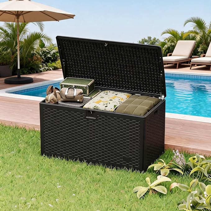 73 Gallon Blow-Molded Outdoor Storage Box – Lockable, Waterproof & UV-Resistant Storage Chest for Patio Cushions, Garden Tools, Pool Accessories & Outdoor Toys, Black