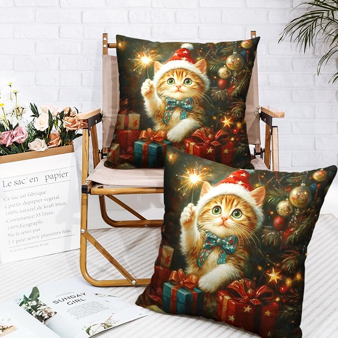 Christmas Pillow Covers 22x22 Set of 2 Adorable Cat Xmas Throw Pillow Covers Lovely Kitten Holding Sparklers Pillowcase Cotton Linen Cushion Case for Holiday Decor Sofa Couch