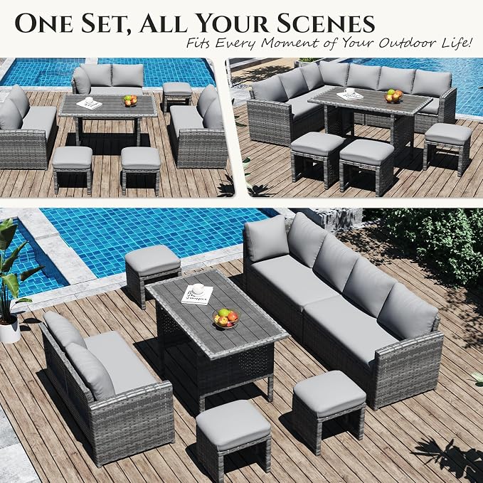 U-MAX 7 Pieces Patio Furniture Set with Waterproof Cover, Outdoor Sectional Sofa Conversation Set, All Weather Wicker Rattan Dining Table & Chair with Ottoman, Grey Rattan&Light Grey Cushion