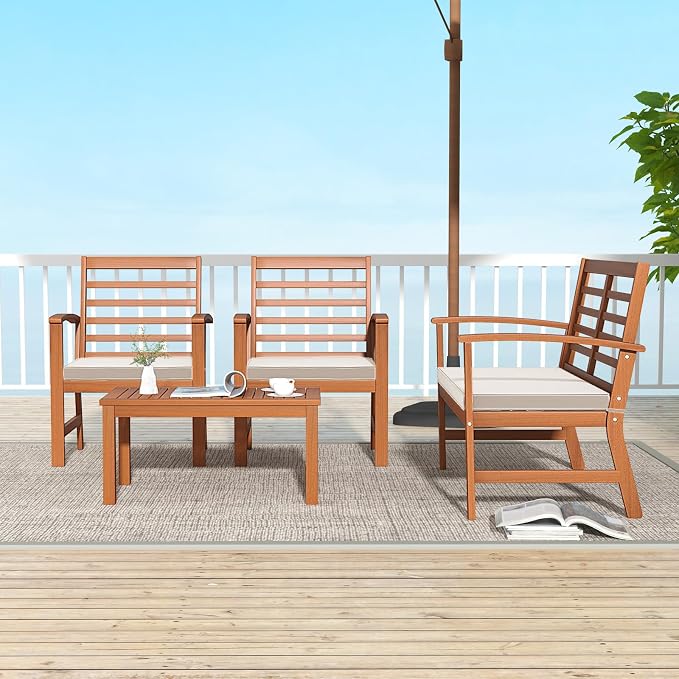 Tangkula 4 Pieces Outdoor Furniture Set, Acacia Wood Conversation Set w/Soft Seat Cushions, Stable Acacia Wood Frame, Patio Sofa & Coffee Table Set for Backyard, Porch, Poolside (White)