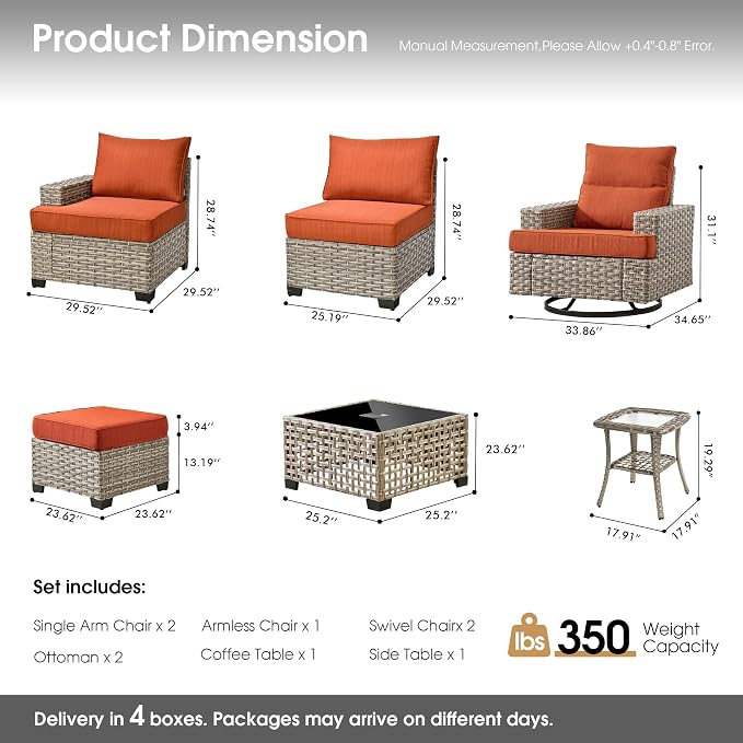 Rattan Patio Furniture Set with Swivel Chairs,9 Pieces Outdoor Sectional with Ottoman Glowing Coffee Table,Out Door Furniture Conversation Set,Orange Red
