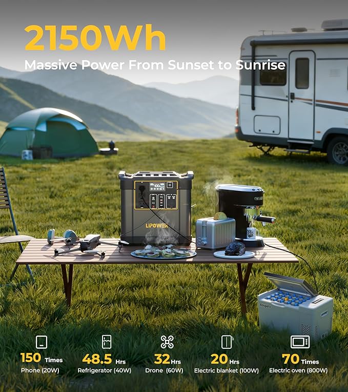 Lipower 2400W Portable Power Station, 2015Wh Solar Generator with LiFePO4 Battery, 1.5H Fast Charge, UPS Backup Power Supply for RV, Home Use, Camping, Off-Grid Outdoor, Emergency (4000W Peak)