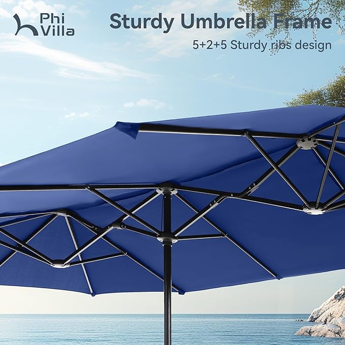 PHI VILLA 8 PCS Patio Dining Set with 13ft Haze Blue Patio Table Umbrella for 6, 1 Rectangle Metal Table and 6 Outdoor Swivel Patio Chairs, Garden Dining Fruniture Set for Lawn Deck(No Umbrella Base)
