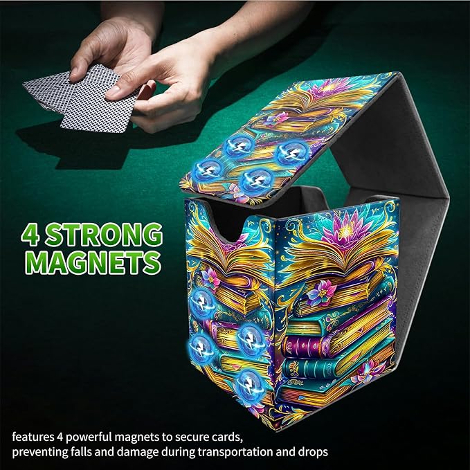 Deck Box for MTG, Cards Storage Box Fits 120+ Sleeved, Leather Medium Size Strong Magnetic Closing Card Case for Board Games Magic TCG CCG Baseball Collection, Book Lotus Flower