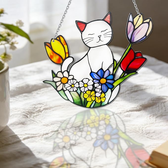 Cat Stained Glass Suncatcher Window, Hanging Sun Catchers Indoor Window, Suncatcher for Nana/Mom/Women (White Cat)