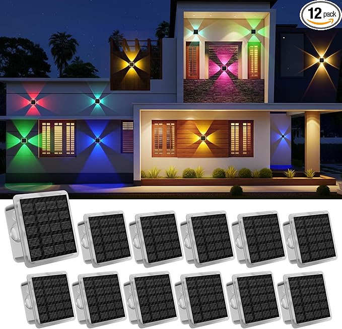 AUDLES Solar Fence Lights Outdoor, New 4-Way Lighting Fence Lights Solar Powered with 8 Modes Warm White/RGB, IP65 Waterproof Solar Wall Light for Backyard Wall Pathway Deck Patio Decor - 12 Pack