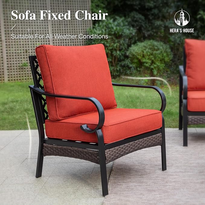 HERA'S HOUSE 4 Piece Metal Patio Furniture Set, All Weather Outdoor Conversation Set with 3 Seat Sofa, 2 x Cushioned Fixed Chair & Coffee Table, Seats 5 for Backyard, Garden, Deck, Red