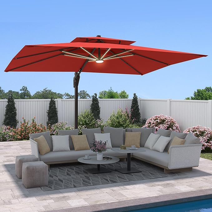 9 X 12 FT Cantilever Outdoor Patio Umbrella with LED Lights Large Heavy Duty 360° Rotation Double Top Offset Rectangular Umbrellas for Backyard Garden Pool Outside Deck, Red