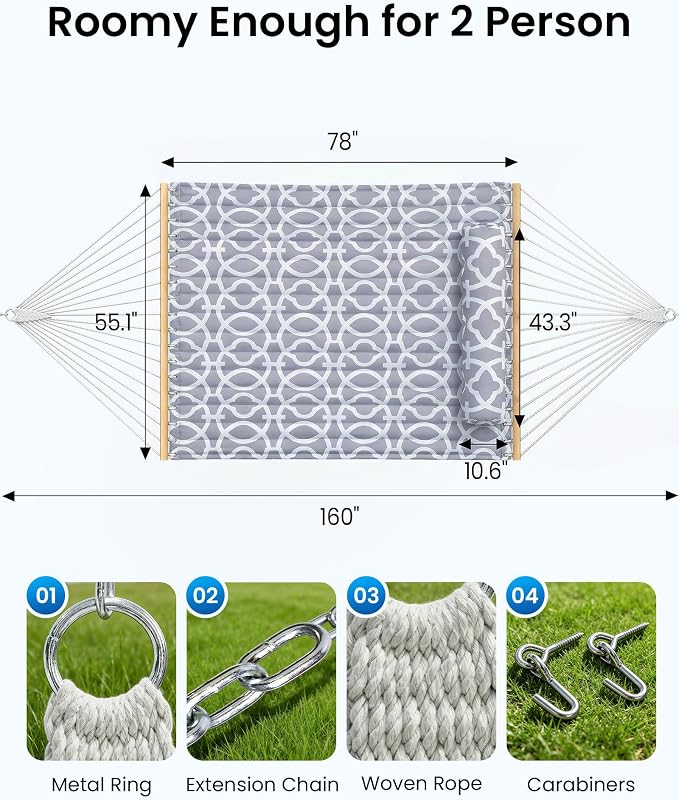 ANAGOO Double Hammock with Spreader Bar & Pillow, 2-Person Portable Hammock, 500lbs Capacity for Outdoor Camping, Patio, Backyard, Garden, Beach & Travel Relaxation – White Gray