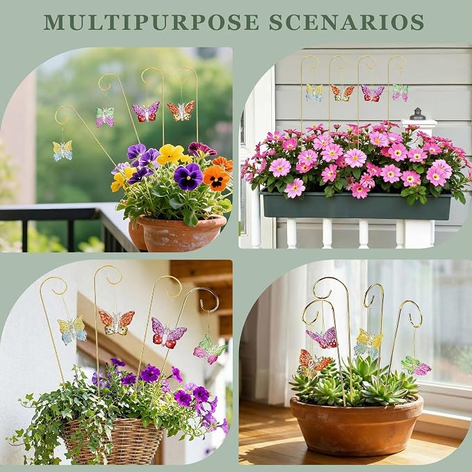 4pcs Blown Glass Butterfly Hanging with Stakes for Garden Decorations | Colorful Butterfly,13.5'' Golden Trellis for Flower Bouquet Outdoor Indoor Plant Pot Flower Bed Home Décor Accessories Gifts
