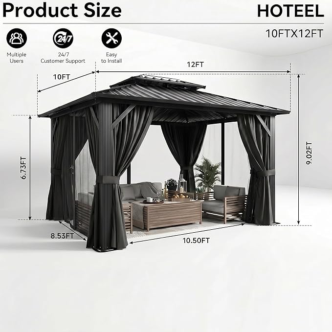 HOTEEL 10x12 Hardtop Gazebo On Clearance with Galvanized Steel Double Roof,Heavy Duty Gazebo with Flame-Retardant Curtain & Netting, Aluminum Frame Outdoor Canopy for Patio, Party, Black