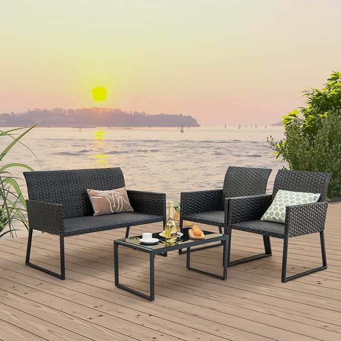 Tangkula 4 Pieces Wicker Patio Furniture Set with Quick Dry Foam, Patiojoy All Weather Resistant Outdoor Conversation Set, for Backyard, Poolside, Deck, Balcony, Garden (1, Mix Brown)