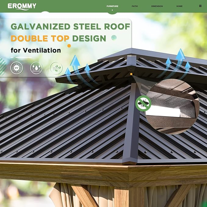 EROMMY 10'x12' Hardtop Gazebo, Wooden Finish Coated Aluminum Frame Canopy with Galvanized Steel Roof, Outdoor Metal Gazebo with Curtains and Nettings for Patio, Backyard, Deck and Lawns