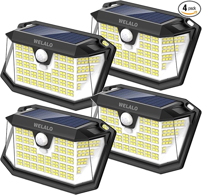 WELALO Solar Motion Sensor Lights Outdoor, [3 Modes/4 Pack/188 LED] 270° Wide Angle Lighting,Security Solar Powered Wall Lights, IP65 Waterproof Flood Lights for Fence Porch Yard Patio(Black)