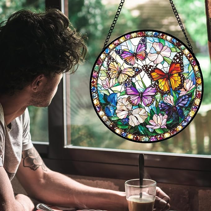 DASTOLL Stained Glass Window Hanging, Colorful Butterfly Suncatcher for Doors Home Sun Catchers Decoration and Christmas, Mother's Day Birthday Gifts for Women, Men, and Mom 14.9x14.9 in