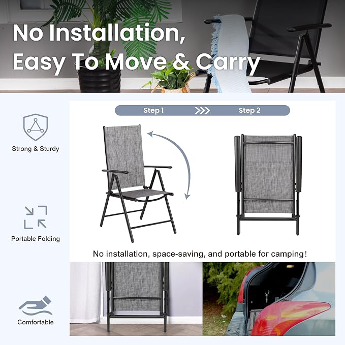 PHI VILLA Outdoor Dining Set for 8 w/Square Table & Folding Chairs, Grey | Light-weight & space-saving, Breathable & quick-drying, Metal Table, Umbrella Hole, Weather-Resistant, Adjustable, Patio deck