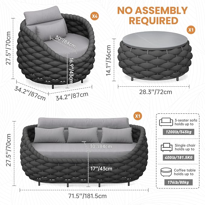 Metal Outdoor Conversation Sets: 6-Piece Aluminum Patio Furniture Set - Woven Rope Porch Sofa Set w/Coffee Table Cushions - Assembled Modern Lounge Couch for Deck Garden Yard Pool Hotel Resort