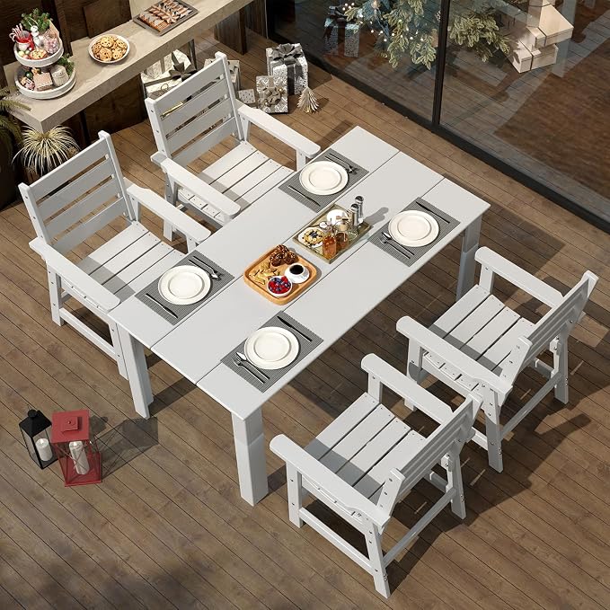 IVY&LANE Outdoor Dining Table | HDPE | 67’’ Rectangle Tables | White | All Weather | Umbrella Hole | Patio Furniture | for Poolside Lawn Garden Backyard
